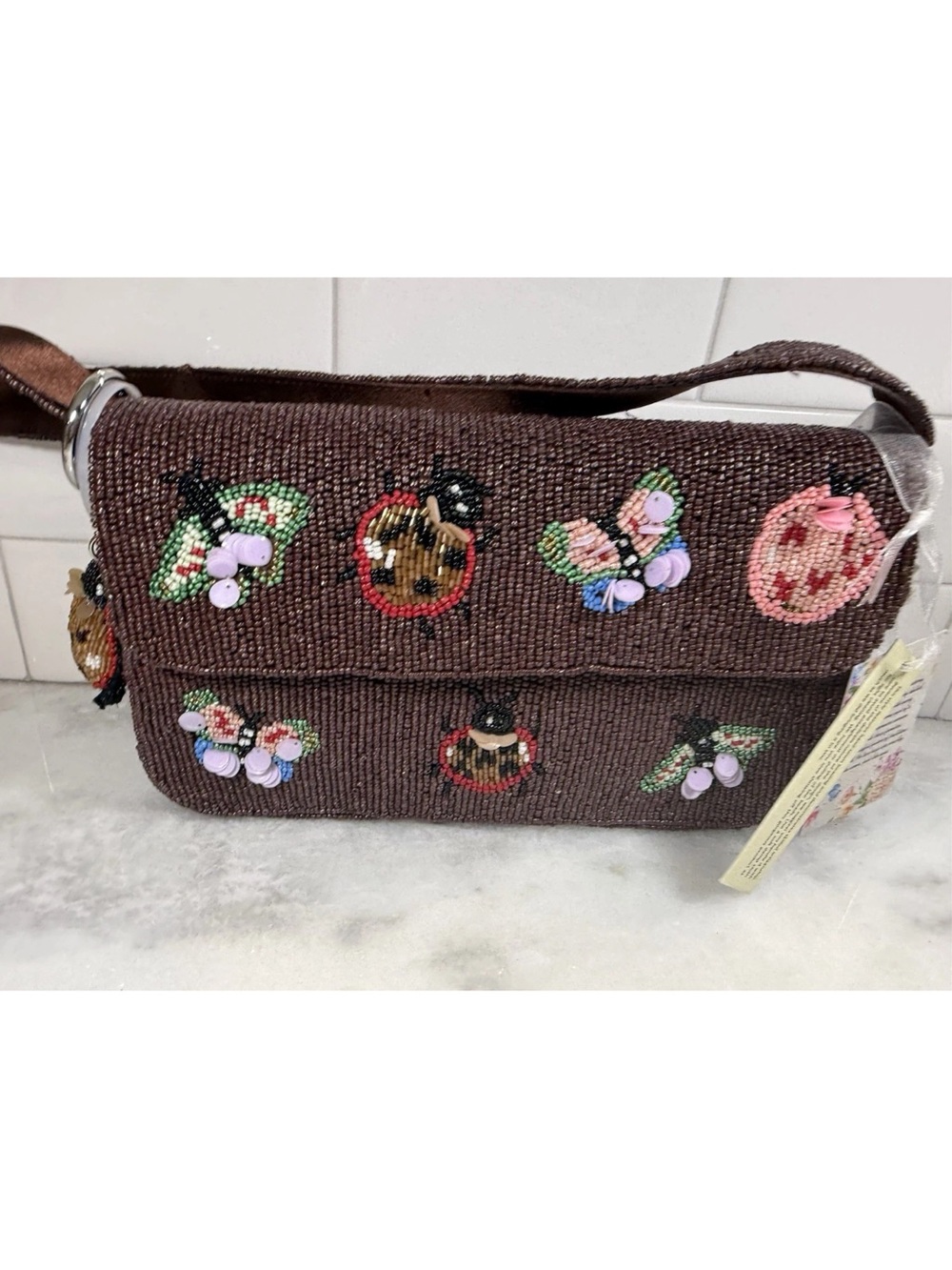 New Release Viral India Beaded Butterfly & Ladybug Shoulder Bag Brown NWT Charm